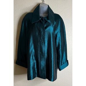 Chicos 3 US XL Womens Jacket Teal Iridescent Shimmer 3/4 Sleeve Button Front
